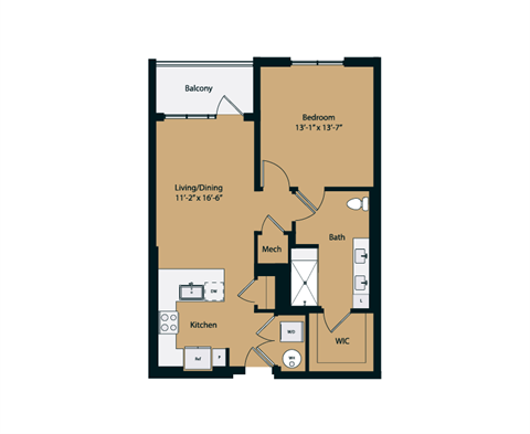 Floor plan for 1 bed, 1 bath, 805 sqft